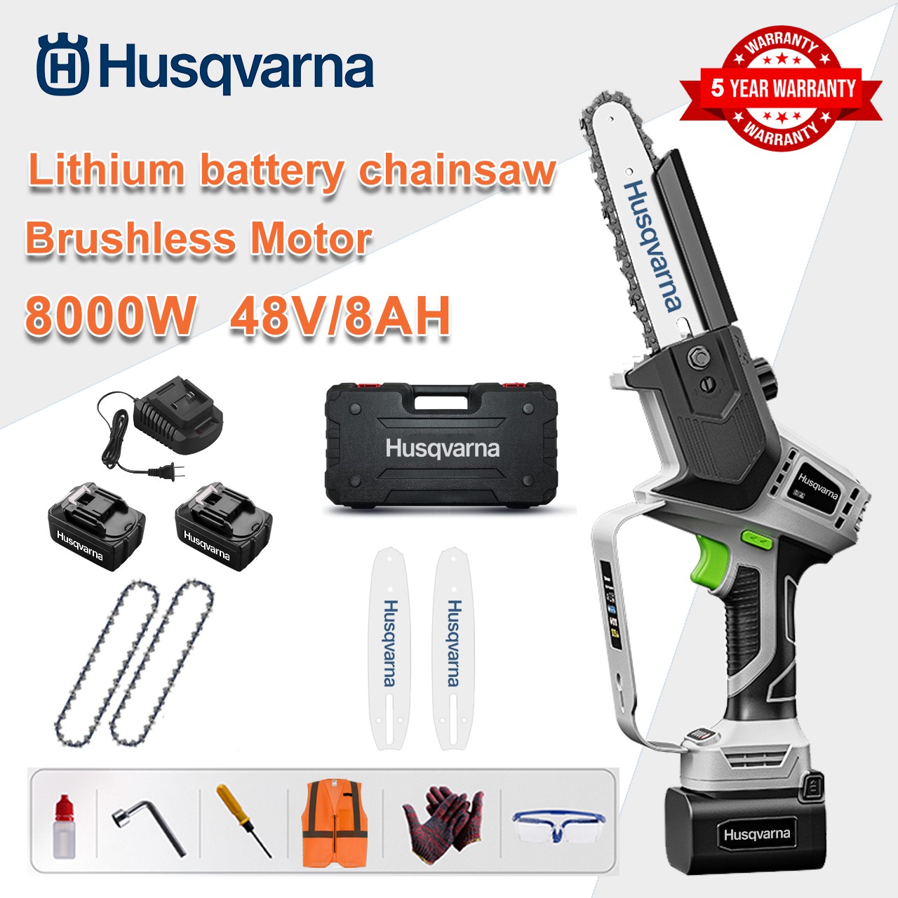 [Normal Model/5-Year Warranty] 8-Inch 8000W Lithium Electric Chain Saw, 48V Battery*2, Charger, Guide Plate*2, Chain*2, Tool Box, Lubricating Oil, Protective Glasses